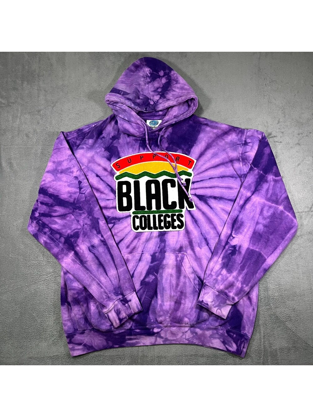 Colortone Hoodie Purple Mens Large Tie-Dye Support Black Colleges Chenille Patch